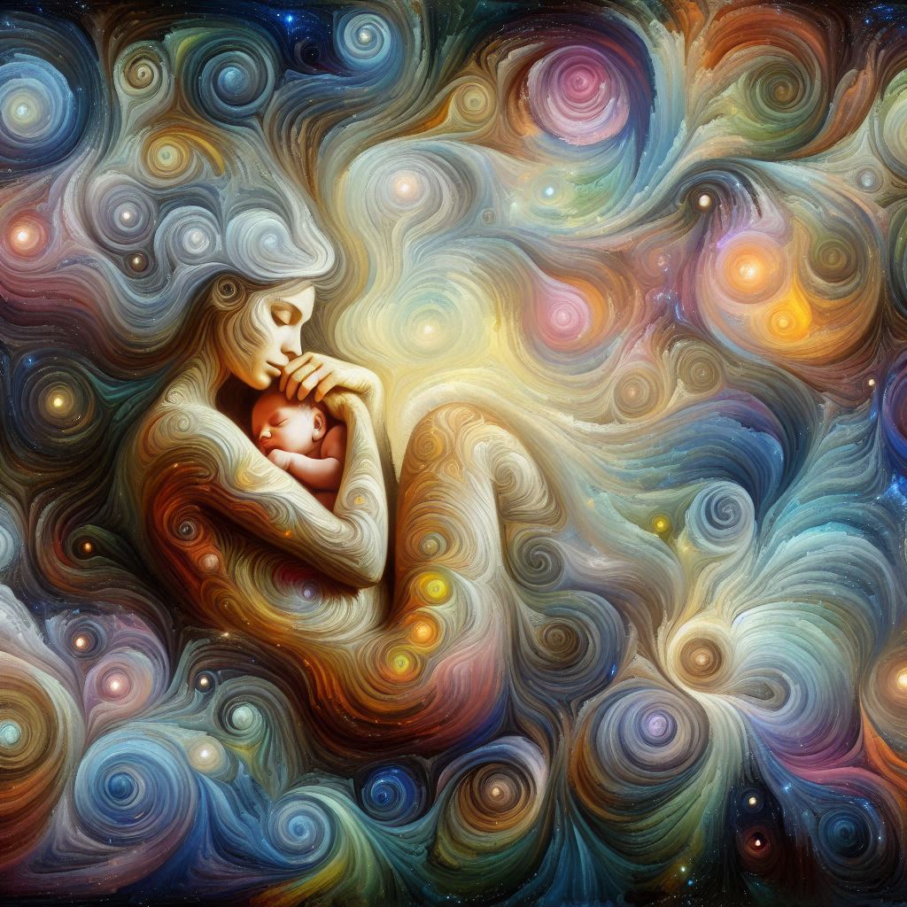 This evocative portrait captures the essence of pregnancy through a beautiful blend of abstract colors and elegant imagery. The expectant parent is gracefully framed amidst swirling hues that symbolize the dreams, questions, and wonder of parenthood. This artwork reflects the majesty and profound journey of nurturing new life, offering a poignant glimpse into the world of anticipation and hope.