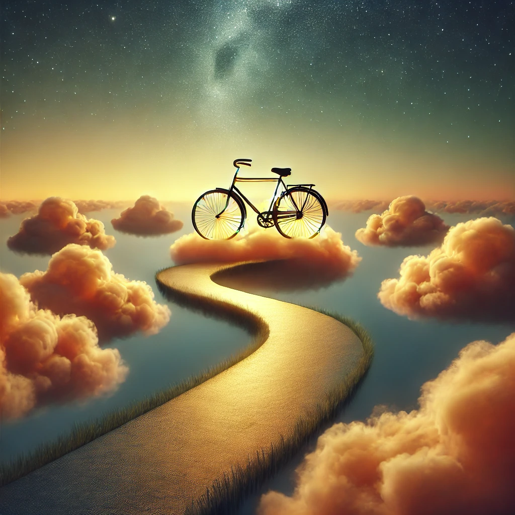 Surreal dreamlike bicycle symbolizing personal growth, freedom, and spiritual journey in dreams.