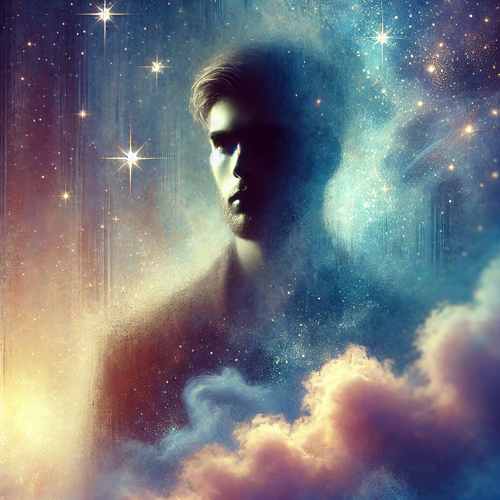 dream-like illustration of a man standing under a glowing light, symbolizing masculine energy and subconscious exploration.