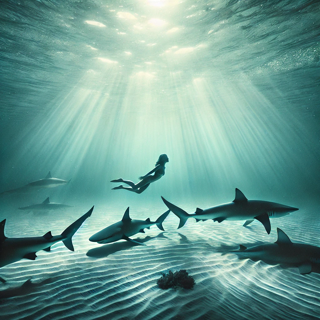 Dream about swimming with sharks - symbolic underwater scene